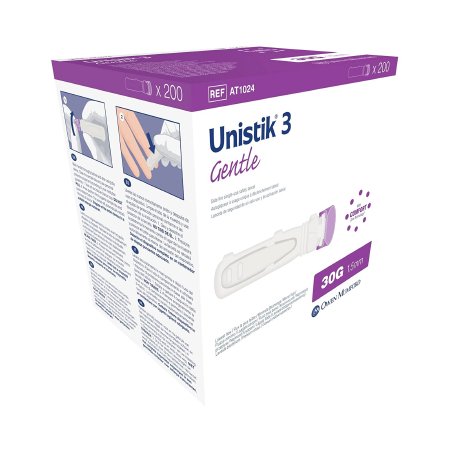 Lancet Unistik® 3 Gentle Comfort Safetly Low Flow Needle 1.8 mm Depth 28 Gauge Push Button Activation Retractable Purple by Owen-Mumford  ID AT1042